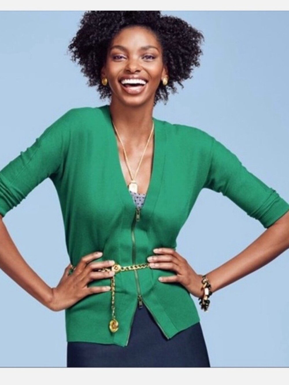 CAbi The Banner Sweater Cardigan In Kelly Green 3/4 Sleeve Size XS